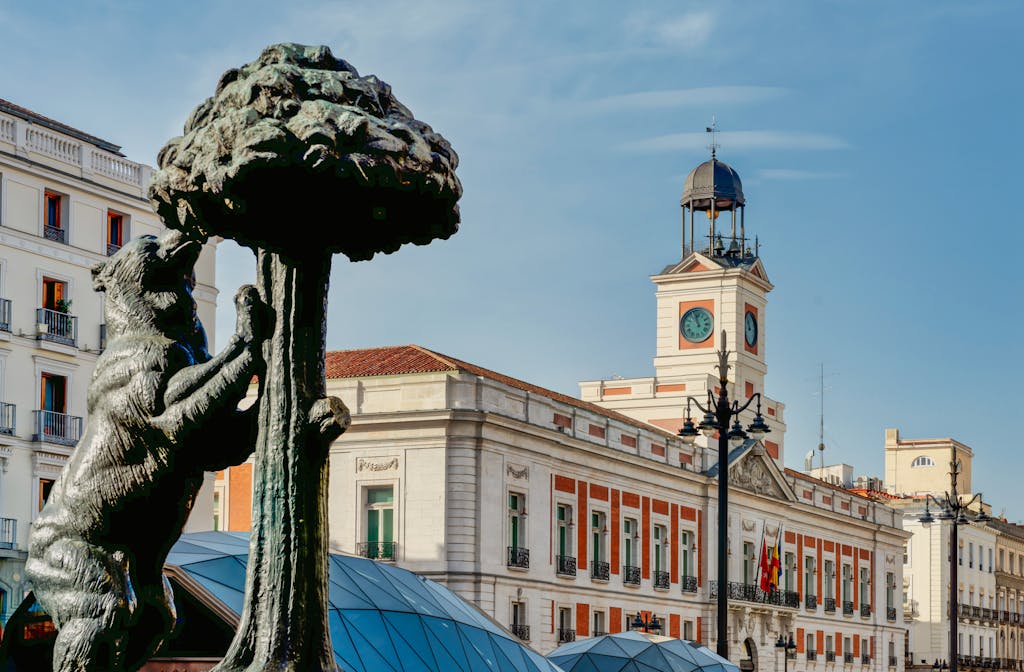 Panoramica of Puerta Del Sol in Madrid, with the bear (symbol of Madrid)